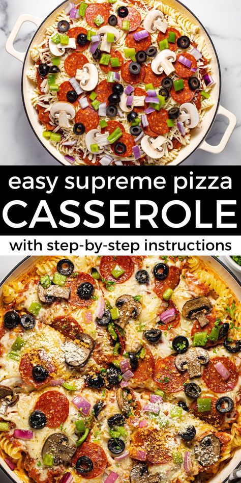 With fewer than 10 ingredients (not including your favorite pizza toppings) this pizza casserole comes together for a delicious twist on a classic comfort food that everyone will love. In just 45 minutes, this supreme pizza casserole - loaded with melty cheese and warm marinara on an al dente noodle crust - is ready to hit the dinner table! Supreme Pizza Casserole, Wednesday Dinner, Pizza Pasta Casserole, Supreme Pizza, Italian Dinner Recipes, Pizza Casserole, Melty Cheese, Family Dinner Recipes, Pizza Toppings