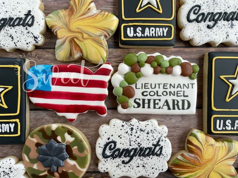 Army Colonel Promotion Party Ideas, Army Promotion Cookies, Lieutenant Colonel Promotion Party, Ltc Promotion Party, Army Cookies, Cookie Pricing, Army Promotion, Promotion Cake, Promotion Ceremony