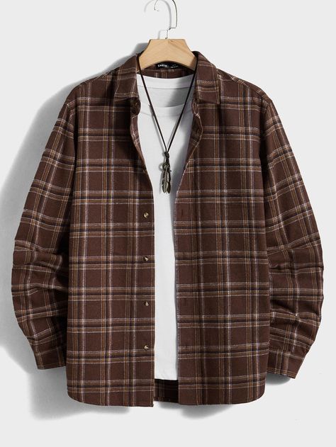 Coffee Brown Casual Collar Long Sleeve Woven Fabric Plaid Shirt Embellished Non-Stretch  Men Tops Checkered Shirt Outfit, Checked Shirt Outfit, Comfy Long Sleeve Shirts, Outfits Con Camisa, Plaid Shirt Outfits, Check Shirt Man, Shirt Outfit Men, Check Shirts, Plaid Shirt Men