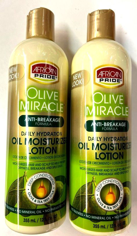 African Pride Olive Miracle  Daily Hydration Oil Moisturizer Lotion 12 oz -2PACK Product Description: Moisturizes Hair and Scalp to Help Prevent Dryness Breakage and Split Ends. Deep Conditoning Olive & Tea Tree Oils No sulfates / No Mineral Oil / No Parabens / No Glutens Repairs Dry, Damaged Hair. Shipping and Handling We usually ship the same day the order is placed as long as it is before 2:00PM (PDT).As your business is greatly appreciated, we take the highest degree of care in making sure y 4c Hair Moisturizer Products, Moisturizer For Natural Hair, Olive Miracle, Hair Moisturizer, Hair Repair Treatments, Beauty Formulas, Low Porosity Hair Products, Hydrating Moisturizer, Hair Treatments