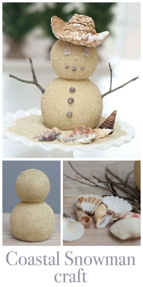 Cute and easy Snowman Craft - Beachy Style Coastal Snowman Diy, Snowman On The Beach, Sea Shell Snowman, Tropical Holiday Decorations, Winter Beach House Decor, Christmas Beach Crafts Diy, Diy Tropical Christmas Decorations, Beach Holiday Decor, Nautical Christmas Decor Diy