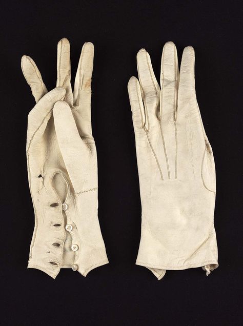 Pair of white kid wedding gloves, four buttons; inside (a) 6 1/4 stamped in blue, inside; (b) Grande Médaille d'Honneur Tréfousse and Co. Victorian Gloves, 1870s Fashion, Evening Gloves, Fashion Gloves, Vintage Gloves, Wedding Gloves, Gray Silk, Womens Gloves, Historical Fashion