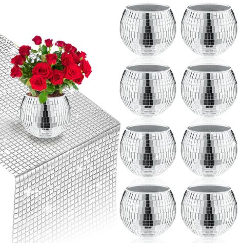 PRICES MAY VARY. Product Content：You will receive disco ball vases, there are 8 pieces, each 3 inches high and 4 inches wide, and a disco design table flag (11inch x 108inch), suitable for weddings, home decorations and party events, and the disco vases are all securely placed in a layer of foam polystyrene and thick cardboard to avoid possible damage. Premium Quality Material：The disco ball vase is made of high quality and sturdy material, the surface is made of textured lenses, the whole is gl 70s Theme Table Centerpiece, Rockstar Party Centerpiece, Fun Centerpieces For Party, 80s Party Centerpieces, Disco Party Table Decorations, Disco Party Centerpiece Ideas, Disco Vase, Centerpieces Birthday Party, Disco Planter