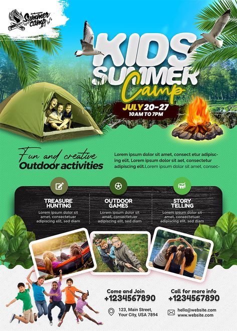 Attention all summer camp organizers and enthusiasts! We have the perfect solution for your promotional needs. Introducing our exclusive Free Kids Summer Camp Flyer PSD Template. Whether you’re organizing activities for Junior School events, Play Group activities, sports programs, school gatherings, family days, and community adventures. Camping Flyer Design, Summer Camp Ads, Adventure Poster Design, Camp Poster Ideas, Activities Poster Design, Family Gathering Design, Play Group Activities, Summer Camp Poster Design, Summer Camp Flyer Design