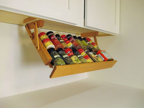 PRICES MAY VARY. Makimoo Kitchen Storage Under Cabinet Mounted Spice Rack holds 16 large or 32 small spice containers. Easy to Use. Measures 19 1/2" wide, 10" deep x 2 3/4" high. Offered in light Colonial Maple. Two rows of storage for spice bottles up to five inches tall. Folds up and securely latches in place under your upper kitchen cabinets freeing up valuable counter and cabinet space while keeping your spices organized and handy. Easy to install with the 4 furnished screws, step by step in Under Cabinet Spice Rack, Under Cabinet Spice, Pull Out Spice Rack, Cabinet Spice Rack, Wooden Spice Rack, Upper Kitchen Cabinets, Spice Rack Organiser, Ultimate Kitchen, Organizing Hacks