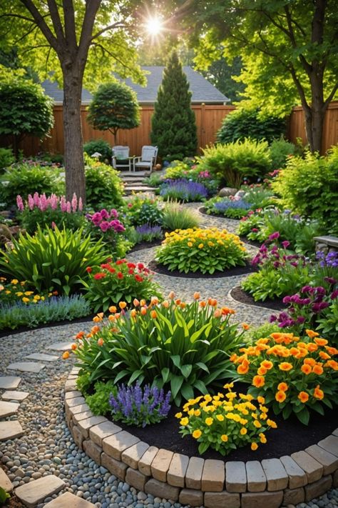 20 Pebble Garden Landscaping Ideas For Backyard - Toolz Geek Garden Rockery Ideas Raised Beds, Oak Tree Landscaping Backyards, Landscaping Around Deck Backyard, Rock Backyard Ideas, Rustic Landscape Ideas, Pebble Landscaping Ideas, Playset Landscaping, Wooded Backyard Landscape, Backyard Rock Garden