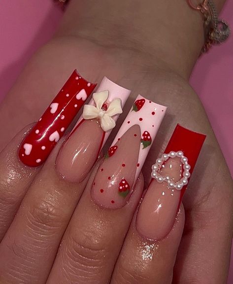 Spring Acrylic Nails, Red Acrylic Nails, Cherry Nails, Valentine Nails, Cute Acrylic Nail Designs, Simple Acrylic Nails, Pretty Nail Designs, Acrylic Nails Coffin Pink, Unique Acrylic Nails