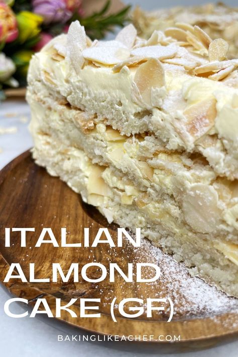 A single slice of layered almond cake with flowers in the background. Italian Almond Cake Recipe, Keto Almond Cake, Italian Almond Cake, Gluten Free Almond Cake, Glutenfri Baking, Almond Cake Recipe, Recipe Italian, Kolaci I Torte, Almond Flour Recipes