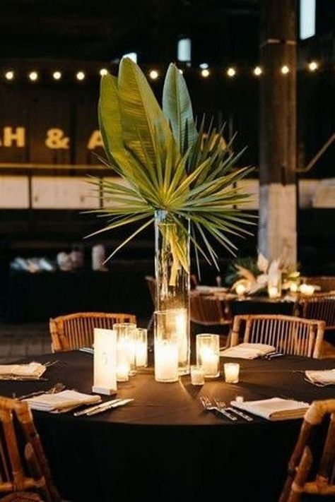 Jungle Wedding Centerpieces, Mid Century Modern Event Decor, Tropical Wedding Centerpieces Diy, Wedding Centerpieces Tropical, Tropical Reception Decor, Mcm Wedding Decor, Mid Century Themed Wedding, Tropical Greenery Centerpieces, Round Table Centerpieces Wedding Tropical