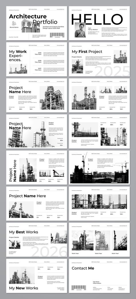 with minimalist style. Features 100+ unique slides, 100+ icons, and 50+ photos. Perfect for architects, designers, and Architecture Slide Presentation, Architecture Presentation Template, Ppt Template Design, Architecture Portfolio Design, Portfolio Design Layout, Business Identity, Brand Assets, Business Templates, Unique Architecture