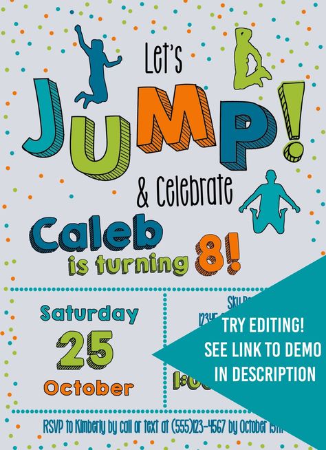 Jump Trampoline Party Personalized Invitation Free Thank You | Etsy India Bounce Birthday Invitations, Bounce Party Invitations, Trampoline Invitations Free Printable, Trampoline Birthday Invitations Free, Free Printable Trampoline Party Invites, Jumping Birthday Party Invitations, Trampoline Park Birthday Party Invites, Jump Party Ideas, Birthday Invitation Card Kids Boys