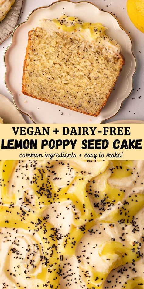 Vegan lemon poppy seed cake with a soft, moist and light crumb and lots of flavor from fresh lemon juice and zest. The batter is easy to prepare and is baked in a loaf pan for ease! Vegan Poppy Seed Cake, Vegan Lemon Loaf, Carrot Cake Loaf Recipe, Lemon Poppy Seed Cake, Vegan Lemon Curd, Lemon Cupcake Recipe, Vegan Lemon Cake, Vegan Cream Cheese Frosting, Lemon Poppyseed Bread