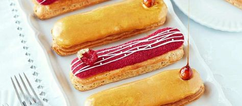 Prue Leith's Raspberry & Salted Caramel Éclairs - The Great British Bake Off | The Great British Bake Off Cookie Dough No Flour, Edible Cookie Dough No Flour, Edible Cookie Dough For Two, Cookie Dough For Two, Cookie Dough Healthy, Edible Cookie Dough Healthy, Raspberry Eclairs, Salted Caramel Icing, Prue Leith