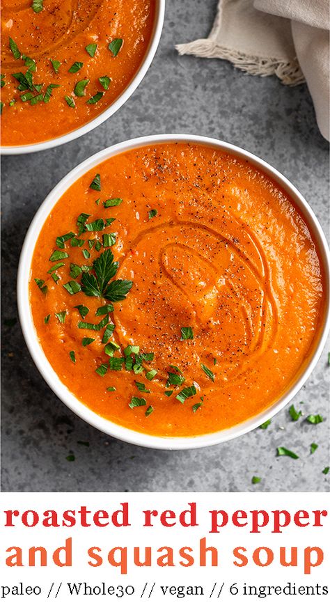 6 ingredients make this easy and vegan and Whole30 roasted acorn squash soup. Simply roast red peppers and squash and blend with broth and spices. Perfect for an easy weeknight dinner or party appetizer. - Eat the Gains #vegan #sqaushsoup #acornsquash #paleosoup #redpeppersoup #whole30recipes Pepper Squash, Gains Recipes, Whole 30 Soup, Acorn Squash Soup, Keto Easy, Paleo Soup, Vegan Ideas, Allergy Awareness, Austin Food