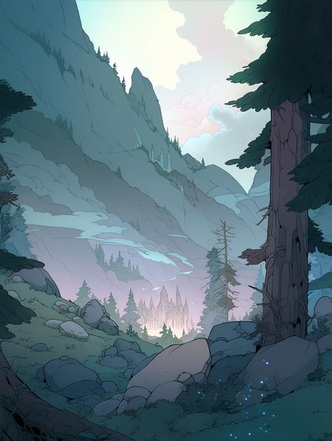 Drawing Forest Background, Park Illustration Background, Forest Background Aesthetic, Simple Forest Drawing, Pencil Drawing Background, Comic Landscape, Forest Layout, Stylized Background, Mountains Drawing