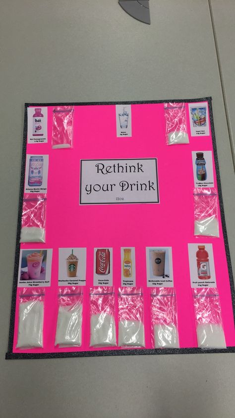 Bulletin Board. Rethink your drink! Rethink Your Drink Bulletin Board, Health Classroom, Rethink Your Drink, Screening Ideas, Health Screening, Drink More Water, Bulletin Boards, Bulletin Board, Drinking Water