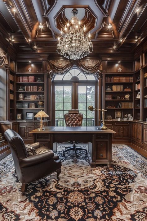 Dream Office Luxury, Carpeted Office, Cozy Home Office Ideas, Victorian Office, Chalet Style Homes, Cottage Office, Home Office Designs, Elegant Home Office, Fancy Office