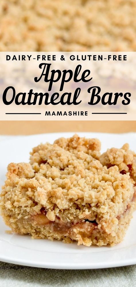 A square slice of apple oatmeal bars that have been made with a gluten-free recipe. Apple Recipes Gluten Free, Gluten Free Apple Recipes, Apple Cinnamon Oatmeal, Apple Oatmeal, Recipes Gluten Free, Gluten Free Oatmeal, Cinnamon Oatmeal, Oatmeal Bars, Gf Desserts