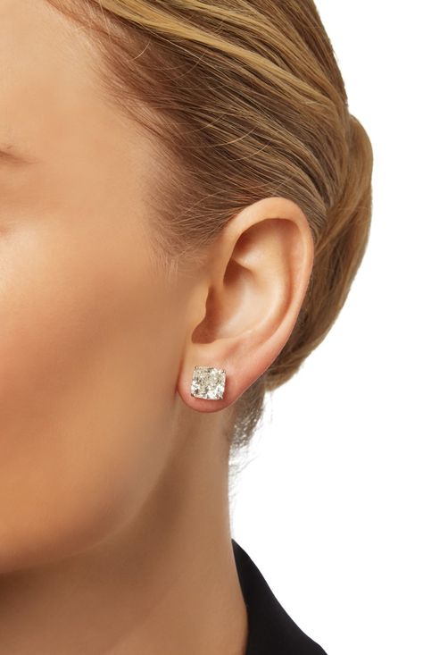 PAIR OF DIAMOND STUDS  Set with two cushion-cut diamonds each weighing 5.02 carats. Large Diamond Earrings, Real Diamond Earrings Studs, Solitaire Earrings Studs, Cushion Cut Diamond Earrings, Diamond Wedding Earrings, 1 Carat Diamond Earrings, Diamond Earrings Stud, Square Diamond Studs, Expensive Earrings