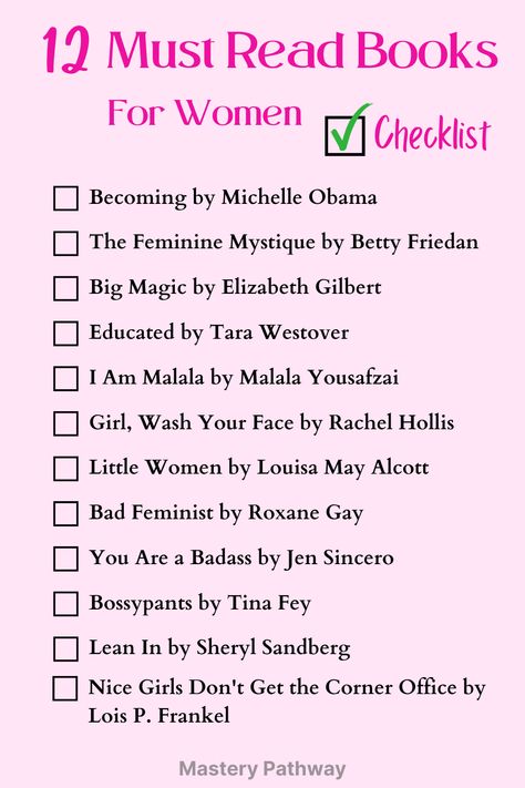 12 Must Read Books for Women Checklist Printable Women Empowerment Books, Nonfiction Books For Women, Empowering Books For Women, Book Suggestions For Women, Best Self Help Books For Women, Must Read Books For Women, Book Checklist, Books By Women, Women Books