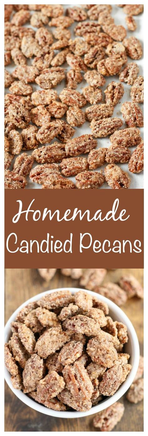 These candied pecans are easy to make and a perfect sweet snack or gift for friends and family! Holiday Desert Thanksgiving, Thanksgiving Baked Goods Gifts, Easy Holiday Treats Thanksgiving, Thanksgiving Dessert Tray Ideas, Quick And Easy Thanksgiving Dessert Recipes, Snacks For Thanksgiving Day, Thanksgiving Finger Desserts, Thanksgiving Dessert Appetizers, Winter Bake Sale Ideas