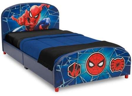 Marvel Spider-Man Upholstered Twin Bed by Delta Children Spiderman Bed, Upholstered Twin Bed, Twin Mattress Size, Delta Children, Boys Bedding, Twin Mattress, Bed Slats, Kids' Bed, Design Living Room