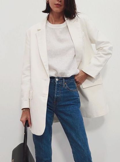 Jeans Outfit For Work, Minimalist Moda, Minimalistic Outfits, Look Retro, Looks Street Style, 가을 패션, White Jacket, White Blazer, Japan Fashion