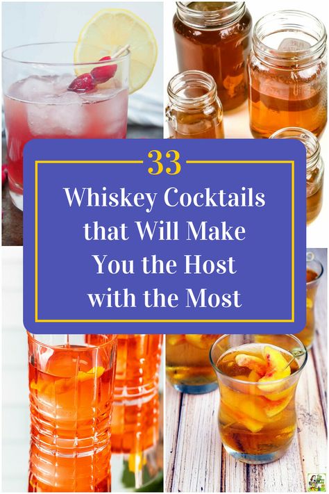 Collage of 4 easy whiskey cocktails. Bourbon Mixed Drinks, Whiskey For Colds, Whiskey Cocktails Easy, Popular Alcoholic Drinks, Girly Drinks, Cocktail Recipes Whiskey, Whiskey Cocktail, Cocktail Ideas, Alcoholic Drink