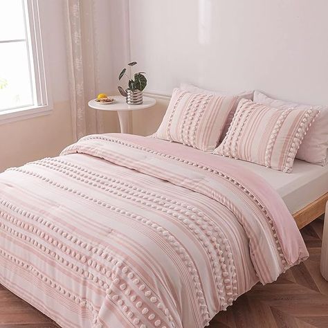 Amazon.com: SLEEPBELLA Boho Comforter Queen Size, Light Pink and White Striped Ball Pom Design, Fluffy and Lightweight Tufted Bedding Comforters & Sets 3 Pieces (1 Comforter，2 Pillowcases : Home & Kitchen Full Size Bed Comforter, Light Pink Comforter, Blue And Grey Bedding, Tufted Bedding, Girls Comforter Sets, Girl Comforters, Comforters Sets, Comforter Sets Boho, Bedroom Comforter Sets