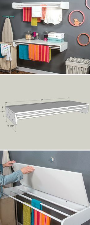 Declutter your laundry room with this dual-purpose laundry rack. It has long bars where you can hang clothes to dry, plus an optional hinged table that provides a perfect place for folding and sorting clothes. FREE PLANS at buildsomething.com Diy Lavanderia, Laundry Folding, Laundry Room Paint, Laundry Rack, Drying Rack Laundry, Laundry Room Remodel, Laundry Closet, Laundry Drying, Laundry Room Diy