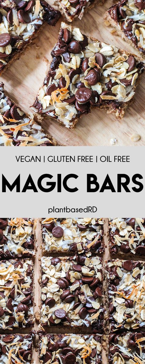 Magic Bars (vegan | gluten free | oil free) - Plant Based RD Vegan Granola Bars, Dairy Free Recipes Easy, Magic Bars, Quick Easy Vegan, Plant Based Desserts, Plant Based Snacks, Dairy Free Chocolate Chips, Vegan Snack, Healthy Vegan Desserts