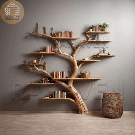 Tree branch bookshelf, crafted from quality wood and adorned with natural branches, offer both functionality and natural beauty. We meticulously select exquisite branches to ensure your satisfaction, providing photographs for approval before shipping. This handmade piece blends modern and rustic styles, adding a unique charm to your home. We'll mount the shelves and branches for your inspection, ensuring your desired look before smoothing edges, coating with PU, and ensuring termite-proofing. Please note, as handmade items, slight variations are to be expected The wall mount bookshelf is made from driftwood stumps and a solid wood shelf gives it a rustic, natural look. This unique piece combines the durability of driftwood with the natural beauty of driftwood branches, creating a beautiful Rustic Modern Furniture, Rustic Shelving Ideas, Tree Bookshelves, Bedroom Natural Wood, Branch Bookshelf, Library Room Design, Driftwood Shelves, Tree Shelves, Live Edge Shelf