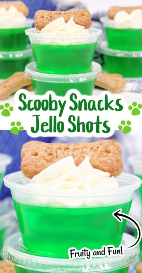 Learn how to make these adorable Scooby snacks jello shots from the Soccer Mom Blog! These jello shots are fruity and fun! They are the perfect fun, alcoholic dessert to serve at any party. Try this easy recipe this summer! Lime Jello Shots, Scooby Snack Shot, Best Jello Shots, Food Glorious Food, Green Jello, Alcholic Drinks, Pudding Shots, Jello Shot Recipes, Scooby Snacks