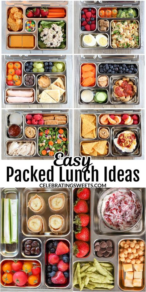 Overhead view of several easy lunch ideas packed inot bento boxes. Easy Packed Lunch Ideas, Easy And Healthy Lunch Ideas, Healthy Lunch Ideas For Kids, Easy Packed Lunch, Packed Lunch Ideas, Celebrating Sweets, Kids Lunch Ideas, Lunch Ideas For Kids, Healthy Packed Lunches