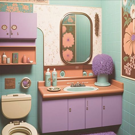 60s 70s blue purple pastel bathroom 50s Interior, 70s Bathroom, Pastel Bathroom, 70s Room, 60s Interior, 70s House, Pastel Home Decor, Purple Bathrooms, Pretty Bathrooms