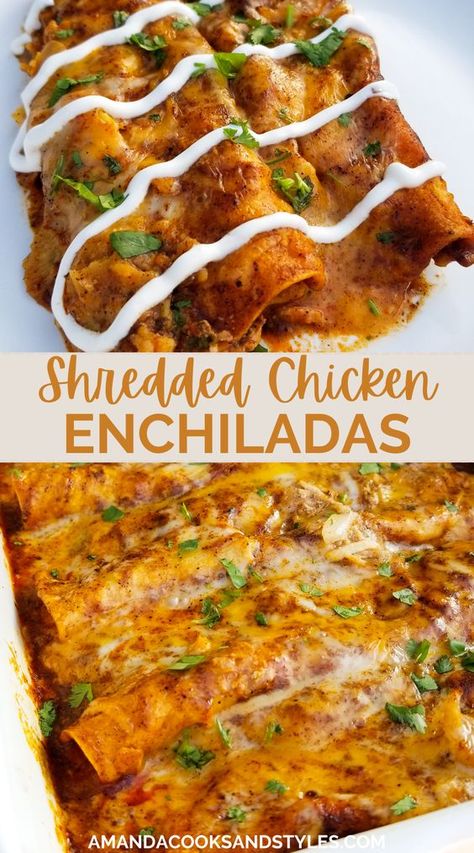 Shredded Chicken Enchiladas – Shredded salsa chicken wrapped in tortillas with jack and cheddar cheeses smothered in red enchilada sauce baked to perfection! How To Make Enchiladas Shredded Chicken, Shredded Salsa Chicken, Homemade Corn Salsa, Red Chicken Enchiladas, Shredded Chicken Enchiladas, Best Ever Chicken, Chicken Enchilada Bake, Supper Tonight, Slow Cooker Shredded Chicken