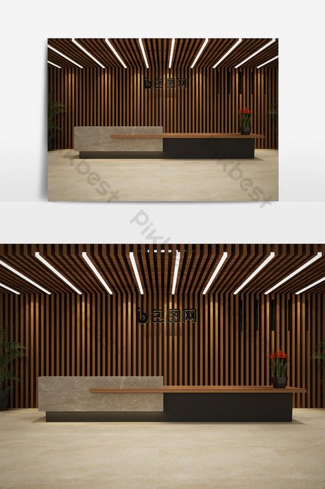 industrial style office reception area front desk Front Desk Lighting, Info Desk Design, Recepsionis Design, Industrial Front Desk, Hotel Counter Design, Reception Counter Design Ideas, Reception Counter Ideas, Industrial Reception Area, Front Desk Ideas Reception Areas