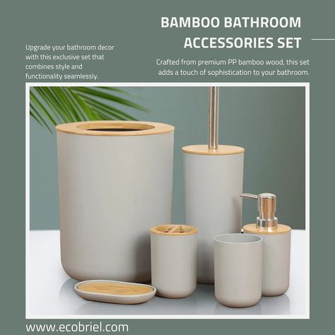 🌱Revamp your bathroom with this Six-Piece Bamboo Bathroom Accessories Set. ✨Crafted from high-quality PP bamboo wood in elegant shades of grey, black, and white, this set includes a trash can, toilet brush, lotion bottle, mouthwash cup, toothbrush cup, and soap dish. 💫Elevate your bathroom décor with this sophisticated set, perfect for any modern home. 👆🏼Follow the link in our bio or visit www.ecobriel.com to shop now #eco #ecobriel #ecofriendly #ecofriendlyproducts #ecofriendlyliving ... Bamboo Bathroom Accessories, Eco Bathroom, Bamboo Bathroom, Bathroom Accessories Set, Lotion Bottle, Bathroom Accessory Set, Eco Friendly Living, Toilet Brush, Eco Friendly House