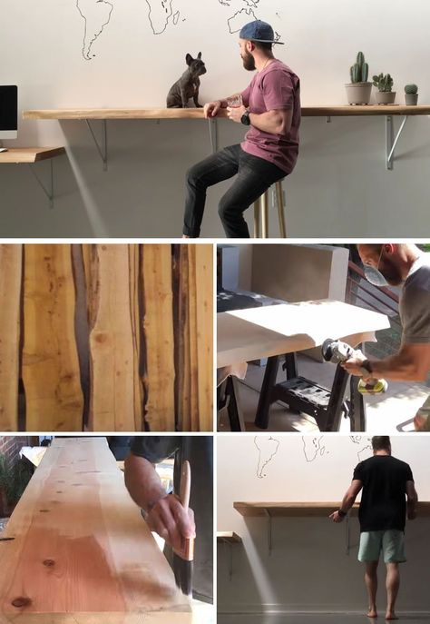 DIY Ideas - Create your own modern DIY live edge desk and bar using slabs of wood, sandpaper, finishing materials, shelf brackets, and a few tools. #DIYProject #HomeOffice #LiveEdgeDesk #LiveEdge #LiveEdgeBar #HomeBar #WoodDesk Small Desk Area, Live Edge Bar, Live Edge Desk, Desk Areas, Finishing Materials, Small Desk, Live Edge Wood, Bar Areas, Shelf Brackets