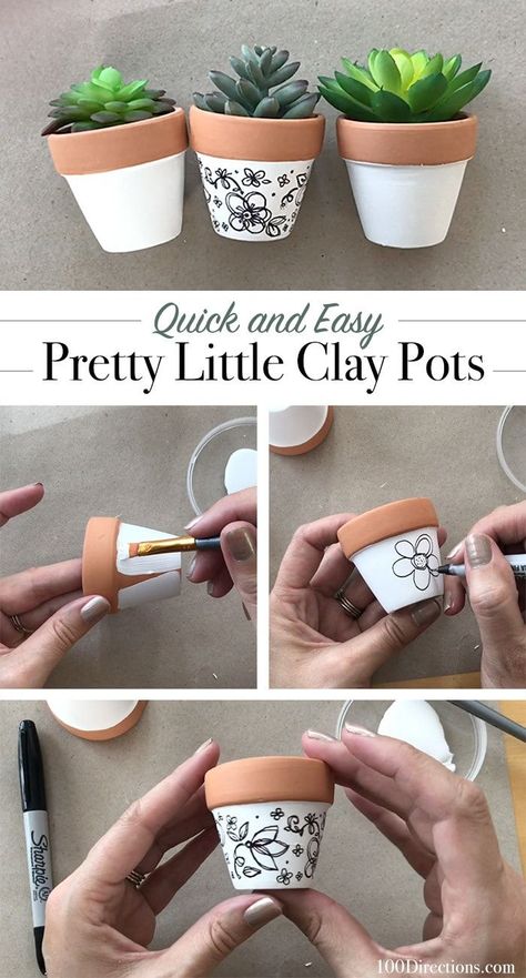 How to decorate your own mini clay pots with hand-drawn art - quick and fun tutorial designed by Jen Goode #doodle #drawing #claypot #diydecor Mini Clay Pots, Tanaman Sukulen, Mini Clay, Painted Pots Diy, Painted Plant Pots, Flower Pot Crafts, Diy Flower Pots, Astuces Diy, Decorated Flower Pots