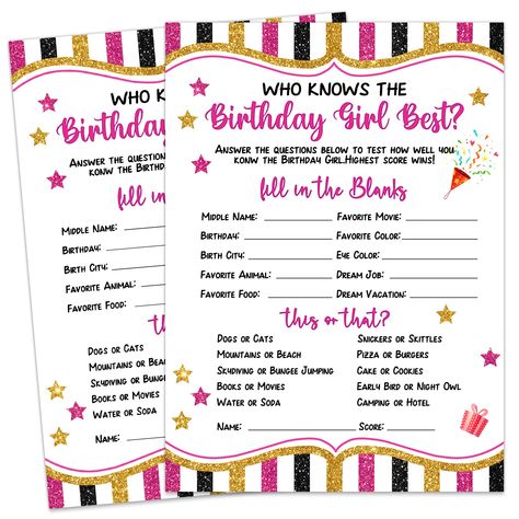 PRICES MAY VARY. Package Content: Each package includes 20 birthday game cards. Each card measures 5"x7”. Fun For Birthday Parties: A birthday party without a game is incomplete. Our birthday game cards will add great fun and joy to any birthday. EASY TO PLAY: the birthday girl game cards arrive ready to hand out and play, it's easy to write your answers on; Fill in the blank and multiple choices questions for friends to answer about the birthday girl Suitable for All Ages: Whether you're hostin Birthday Party Activity, Sweet Sixteen Birthday Party Ideas, Cute Birthday Ideas, Birthday Activities, Fun Sleepover Ideas, 13th Birthday Parties, Birthday Party Activities, Sweet Sixteen Birthday