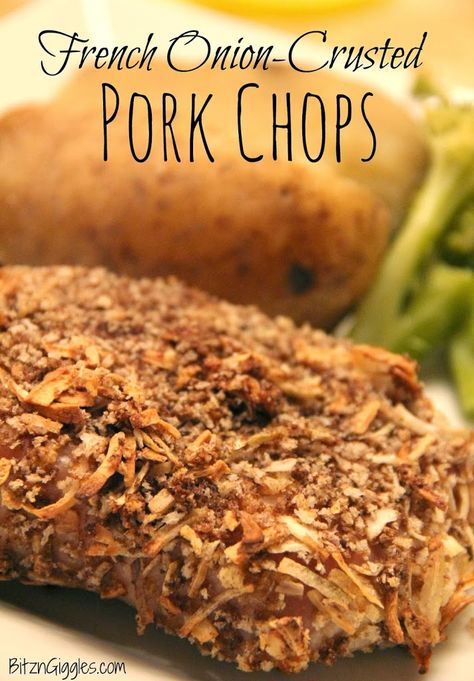 4 of 5: French Onion-Crusted Pork Chops - easy to make, would be great over mashed potatoes and gravy. French Onion Pork Chops, Crusted Pork Chops, Daging Babi, Tender Pork Chops, French Recipe, French Fried Onions, Pork Ham, Pork Tenderloin Recipes, Chops Recipe