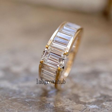 Baguette Eternity Ring, Baguette Band, Emerald Cut Moissanite Engagement Ring, Yellow Engagement Rings, Emerald Cut Moissanite, Yellow Gold Diamond Ring, Baguette Ring, Dream Engagement Rings, Yellow Gold Engagement Rings