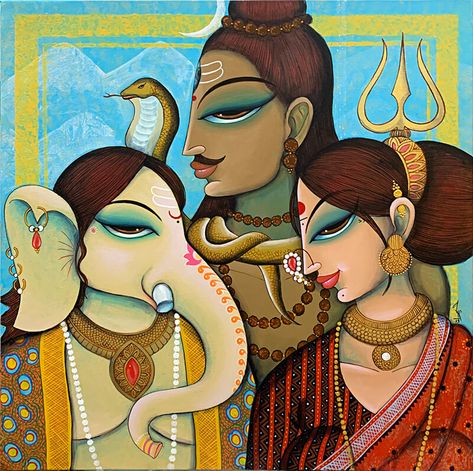 Bring home Family of Ganesha - a unique piece of art by the most loved Varsha Kharatmal. Find the art you love on Artflute.com. Family Artwork, Lotus Painting, Art Investment, Family Painting, Shiva Art, Indian Folk Art, Indian Paintings, Indian Art Paintings, Big Art