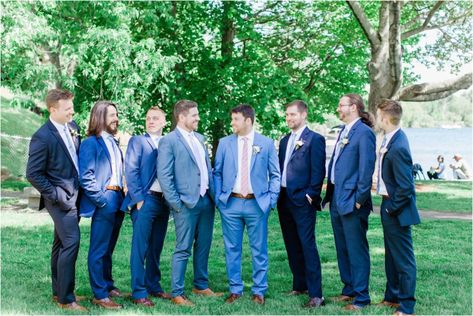 Groomsmen in Mismatched Blue Suits | Spring Wolfeboro Inn Wedding | New Hampshire Wedding | Caitlin Page Photography | Classic Spring Wedding at the Wolfeboro Inn New Hampshire Wedding Venue | Get more inspiration from this blue and cream outdoor ceremony and reception. #weddingphotography#newhampshirewedding Mismatched Blue Suits Groomsmen, Groomsmen Blue Suit, Groomsmen Colors, Mismatched Groomsmen, Wolfeboro New Hampshire, Blue Groomsmen Suits, Classic Spring Wedding, Plan Bee, Blue Groomsmen