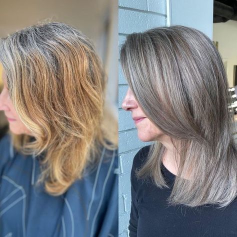 Transitioning to Gray with Balayage Transitioning To Gray Hair, Natural White Hair, Ash Grey Hair, Grey Blending, Gray Blending, Grey Hair Care, Gray Balayage, Grey Blonde Hair, Grey Hair Dye