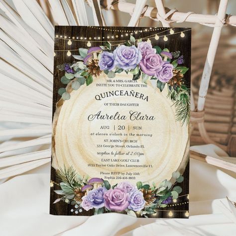 Quinceañera Rustic Purple Floral Enchanted Forest Invitation - tap to personalize and get yours #Invitation #quincea&241;era #15th #birthday #invitation, #mexican Enchanted Forest Invitation, Quinceanera Invites, Brown Wood Background, Enchanted Forest Quinceanera, Forest Invitation, Xv Ideas, Lollipop Party, Butterfly Invitations, Party Stationery