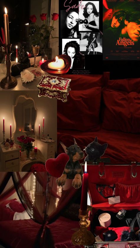 Dark Cherry Bedroom Decor Ideas, Red Velvet Bedroom Ideas, Red And Silver Bedroom Ideas, Dark Fem Bedroom, Dark Red Room Aesthetic Bedroom, Dark Red Coquette Bedroom, Dark Red Aesthetic Room, Cherry Red Bedroom Aesthetic, White And Red Room Aesthetic