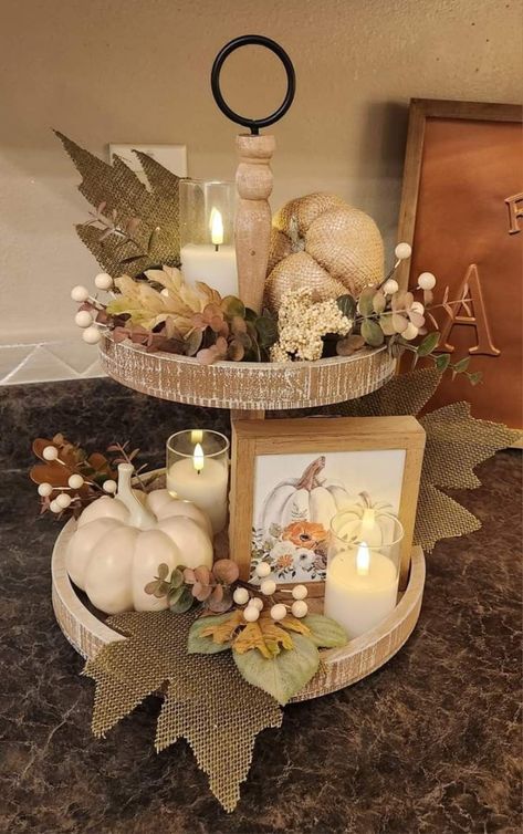 17 Insanely Impressive Thanksgiving Tiered Tray Centerpiece Ideas Tray Centerpiece Ideas, Early Fall Decorating, Fall Tray Decor, Fall Centerpieces Diy, Tray Decor Ideas, Fall Tray, Fall Tiered Tray Decor, Fall Table Centerpieces, Fall Decorating Ideas