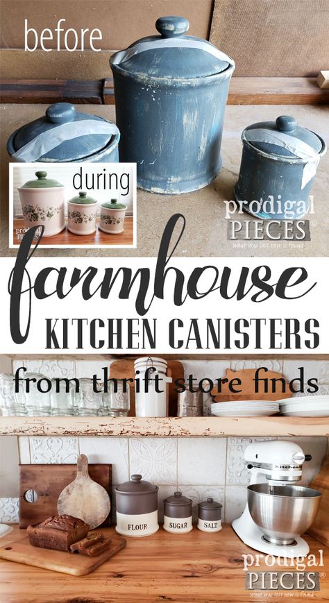 Kitchen Canisters Diy, Canisters Diy, Farmhouse Kitchen Canisters, Kitchen Crafts Diy, Diy Farmhouse Ideas, Diy Farmhouse Decoration, Pinterest Fail, Cocina Diy, Thrift Store Makeover